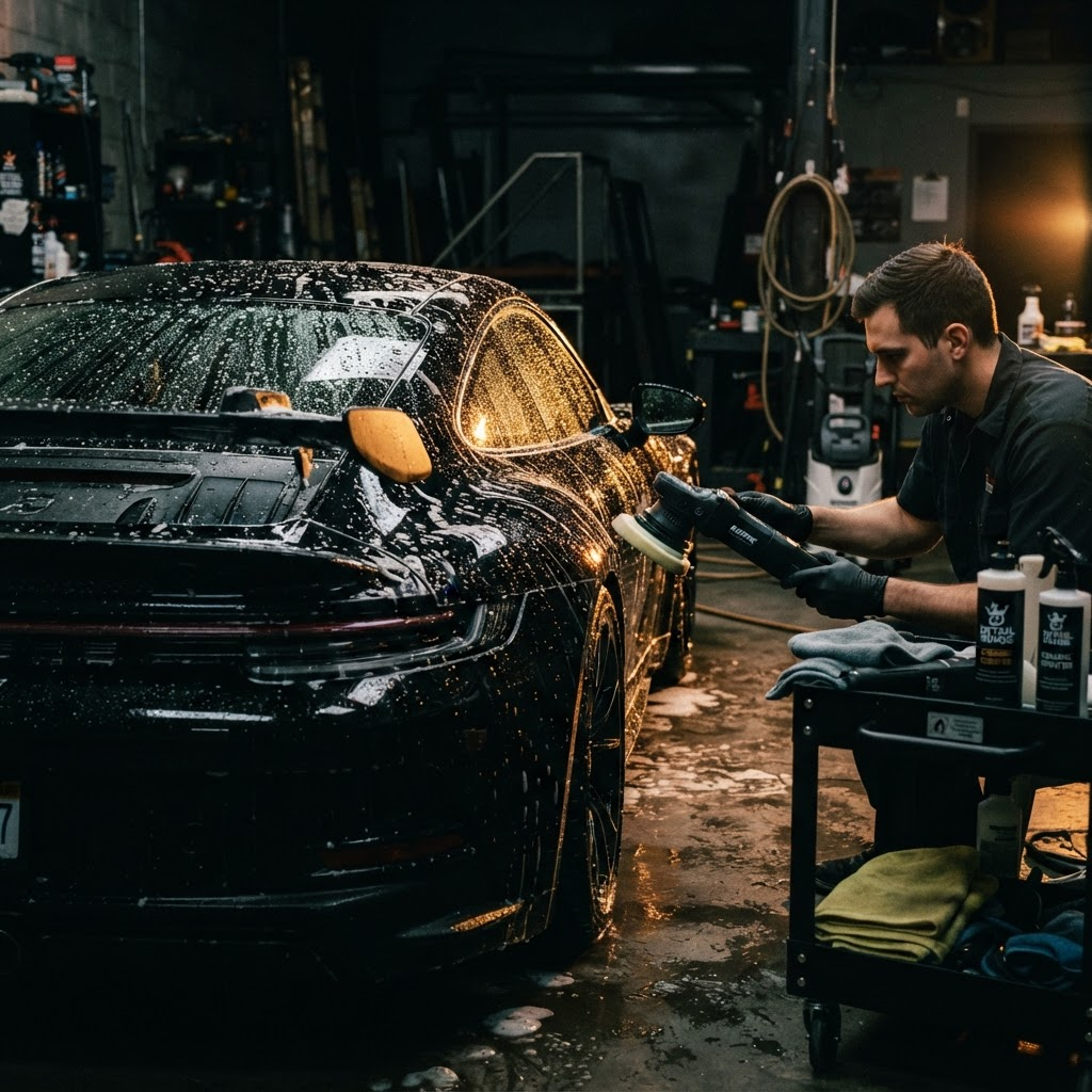 A glossy black car being professionally detailed at Bennetts Auto Care